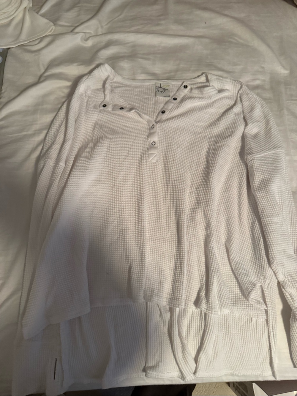 aerie White Waffle-Knit Henley Long Sleeve Top